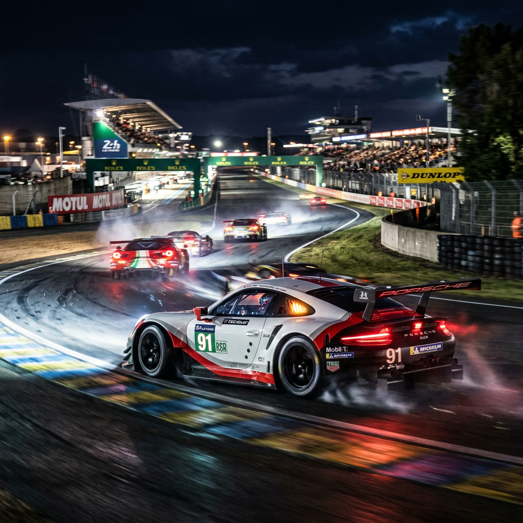 Porsche race car number 91 with other cars behind on wet track at night