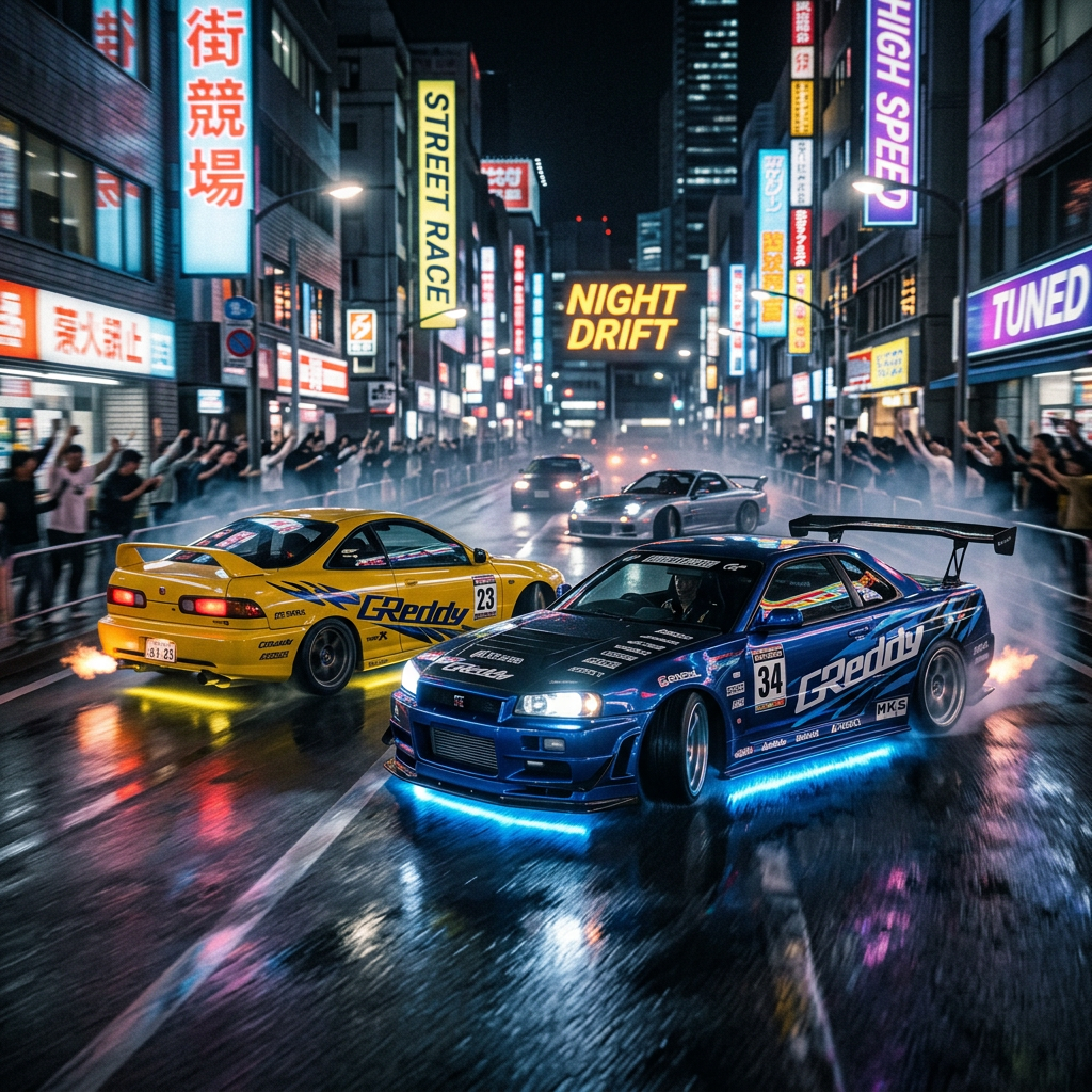Two race cars drifting on a wet city street at night with neon signs and spectators