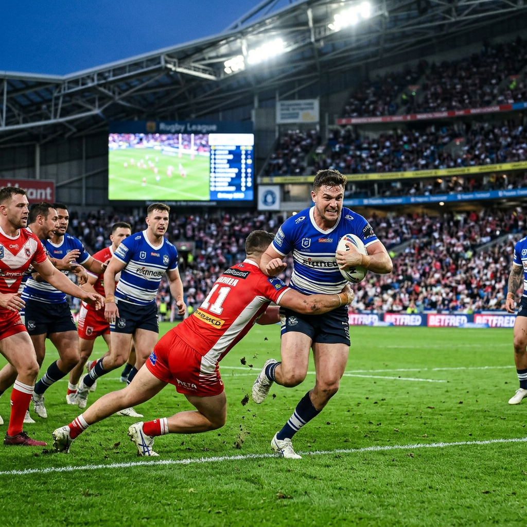 Rugby league player in blue evading tackle from opponent in red near sideline
